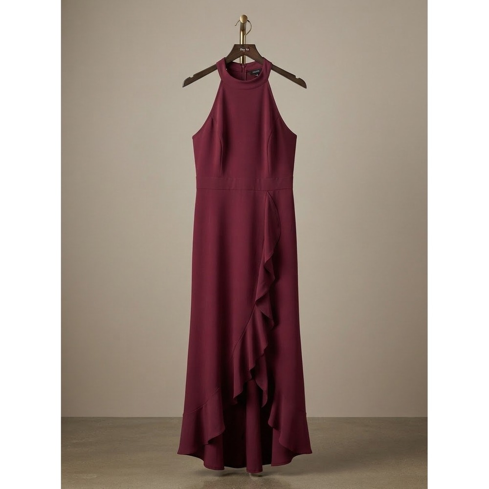 Women's XL Burgundy Ruffle High Low Halter Neck Cocktail Party Dress Wedding